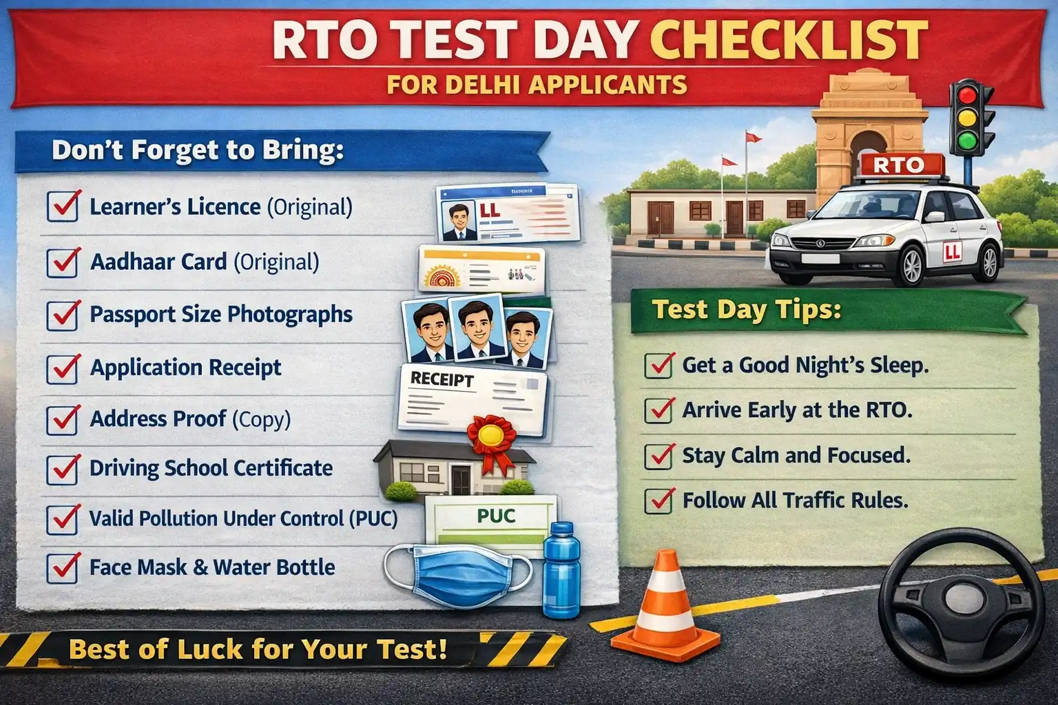 RTO Test Day Checklist for Delhi Applicants On Road Motor Driving School